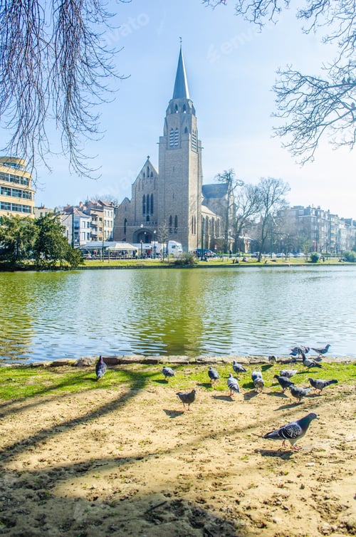 Preview: View Over The Artificial Pond Situated Next To The Flagey Square In Belgian Brussels, Where Local