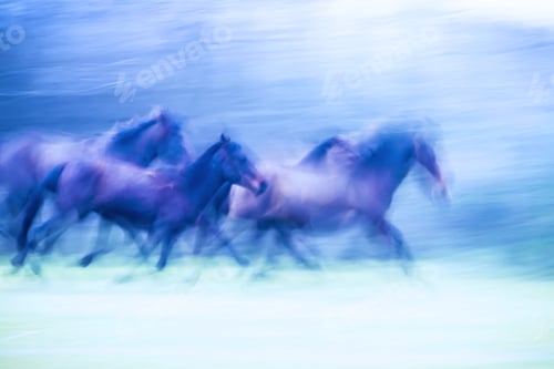 Preview: Wild Horses Running. Blur Forest And Morning Background. Pan Photography.