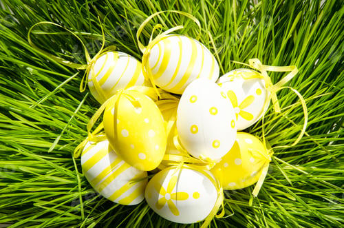 Preview: Yellow And White Easter Eggs With Dots Over Green Grass