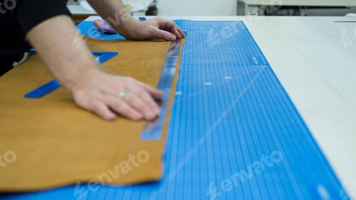 Preview: Marking The Leather In The Workshop. Master'S Hands. Handmade And Craft Concept.