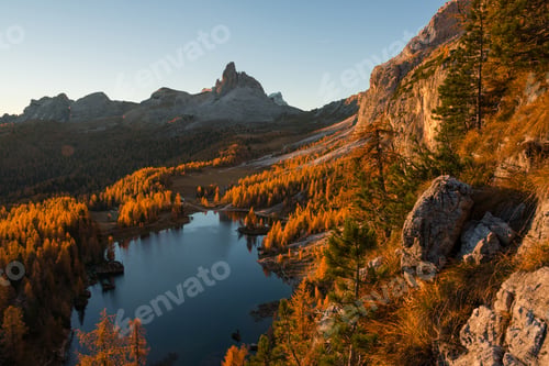 Preview: Amazing Autumn Scenery In The Dolomites Mountains At Lake Federa.