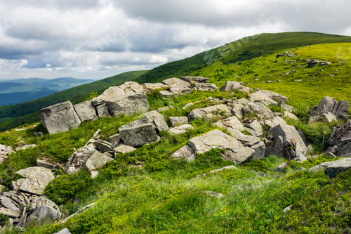 Preview: Mountain Landscape. Valley With Stones On The Hillside. Forest On The Mountain Under The Beam Of