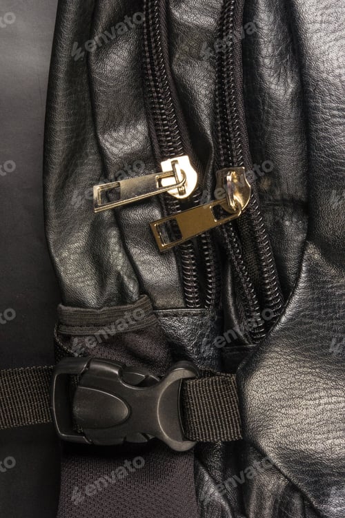 Preview: Closeup Of The Fittings And Seams On Black Leather Backpack