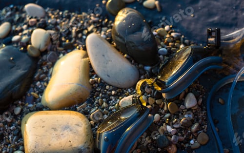 Preview: Eyeglasses For Swimming On A Pebble Beach In The Sea Waves, A Warm Summer Day, Close-Up