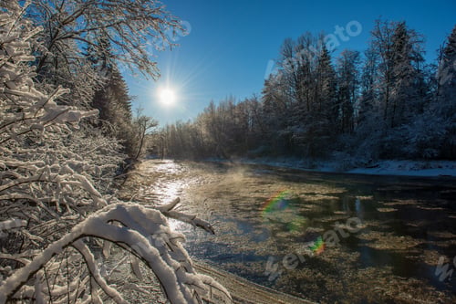 Preview: Sun Rising In Heavy Snow Covered Forest. First Rays Of Light Shining On Frost Iced Tree Branches