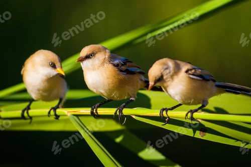 Preview: Cute Birds. Black Nature Background. Bearded Reedling / Panurus Biarmicus