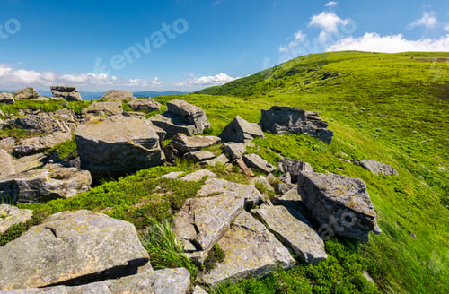 Preview: Huge Boulders On The Edge Of Hillside. Fine Weather In Summer Mountain Landscape