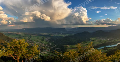 Preview: Vivid Sunset In The Hills With A Great View Over The Valley. Amazing Clouds At Sunset.
