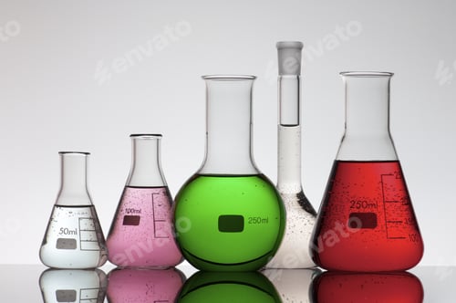 Preview: Group Of Laboratory Flasks Brightly Colored Liquid