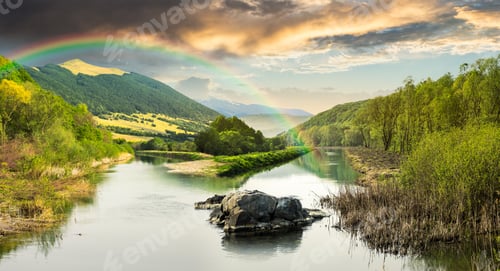 Preview: Collage Mountain River With Stones And Grass In The Forest Near The Mountain Slope With Rainbow