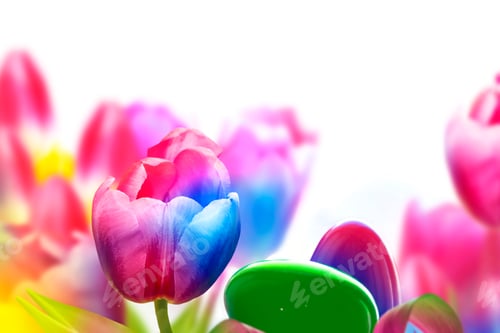 Preview: Greeting Card. Easter Eggs With Tulip Flowers Isolated On White Background.
