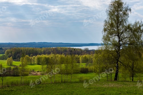 Preview: Plain Simple Countryside Spring Landscape With Fresh Green Meadows And Forests . Blue Sky Over