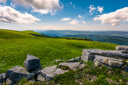 Preview: Rocks On The Edge Of Grassy Meadow On Hillside. Lovely Landscapes Of Runa Mountain