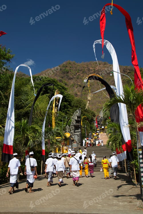 Preview: Balinese Hindu Religious Mythical Images, Figures And Statues And People In Traditional Clothing At
