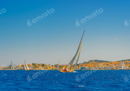 Preview: Classic Wooden Sailing Boat In A Race, Spetses Island In Greece