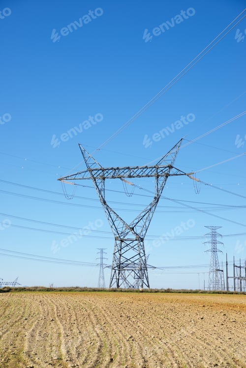 Preview: Power Line And Clear Sky In Zaragoza Province, Aragon In Spain.