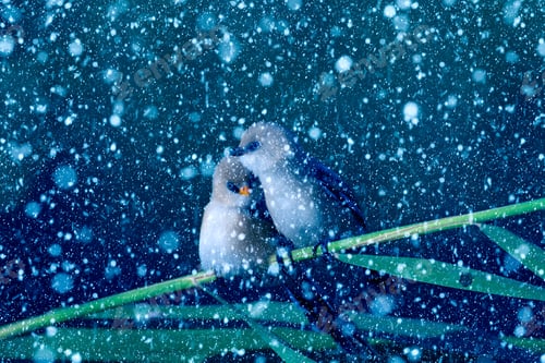 Preview: Winter Season And Birds. Falling Snow. Blue Nature Background. Bird: Bearded Reedling.