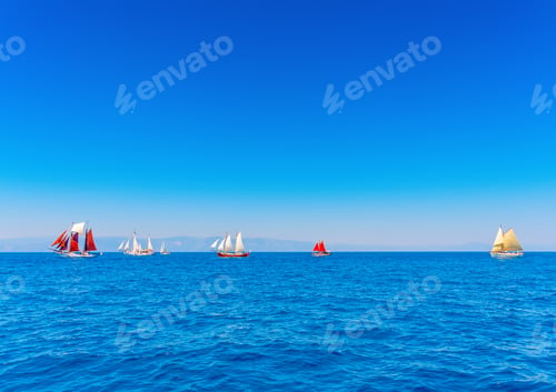 Preview: Several Old Classic Wooden Sailing Boats During A Classic Boats Regatta In Spetses Island In Greece