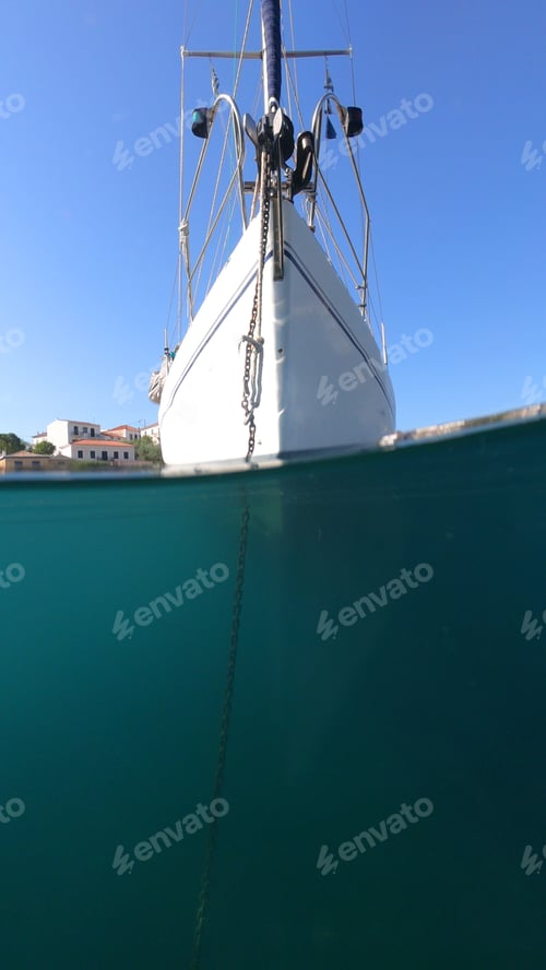 Preview: Above And Below Underwater Sea Level Photo Of Sail Boat Docked In Open Ocean Sea