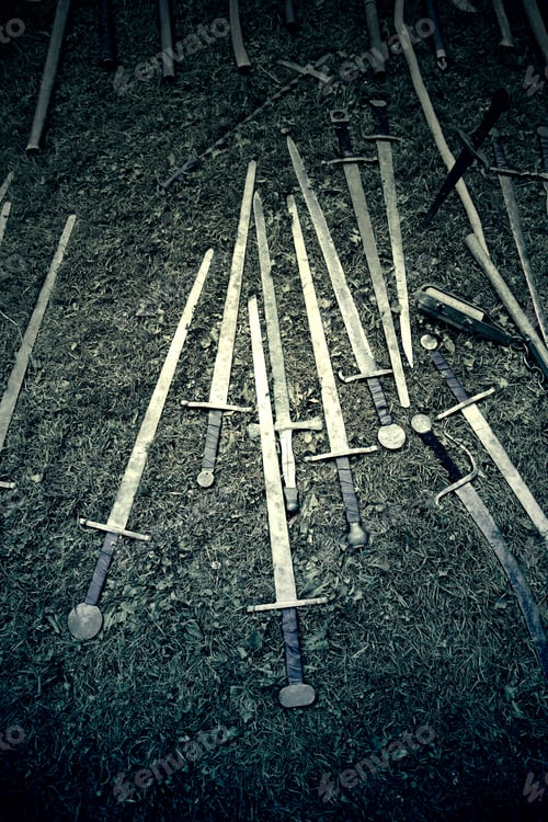Preview: Displays Of Antique Swords, Detail Of Old Medieval Weapons Of War, Death And Blood