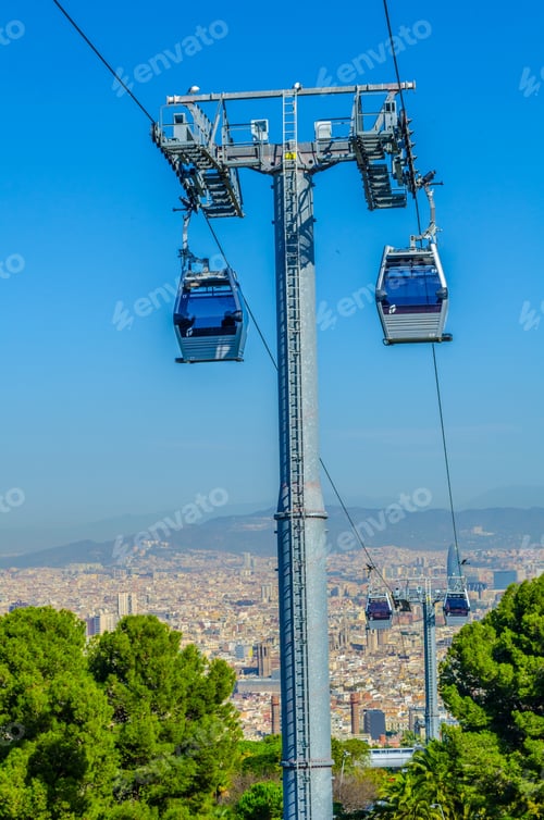 Preview: View Of The Cable Car Connecting Barceloneta Beach And Montjuic Hill In Barcelona, Spain