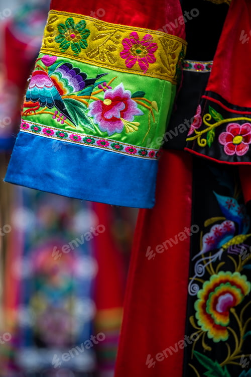 Preview: Colorful Detail Of Ethnic Minorities Costume On Display For Sale In Gift Shop In Feng Huang, Hunan