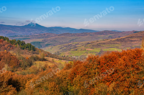 Preview: Forest With Red Foliage On Hills In Autumnal Countryside. Stunning View Of Mountainous Area With