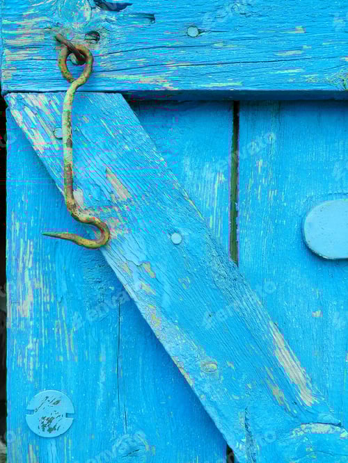 Preview: Rustic Blue Wooden Door with Rusty Metal Latch
