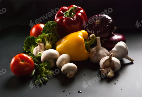 Preview: Still Life - Set Of Pizza On Black Background - Mushrooms, Champignons, Cauliflower, Broccoli