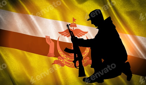 Preview: Flag With Original Proportions. Flag Of The Brunei With The Silhouette Of A Soldier With A Gun