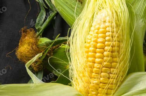 Preview: Fresh Corn On Cobs On Black Background, Closeup
