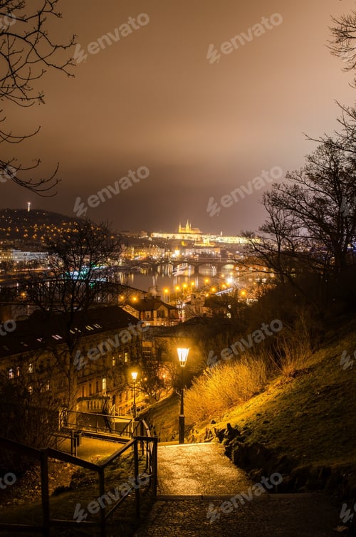 Preview: Steep Stairway Leading To The Vysehrad Castle With Prague Panorama And The Prague Castle Behind It.