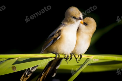 Preview: Romantic Birds. Black Nature Background. Bearded Reedling / Panurus Biarmicus