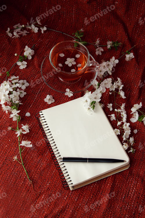 Preview: Spring Flat Lay Top View Home Office Workspace - Notebook With Tea Cup And Cherry Blossom Branches
