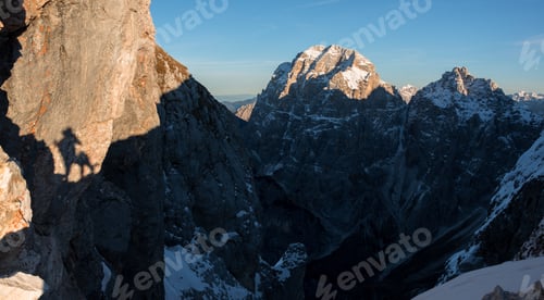 Preview: Sunset In The Mountains Above Pecol Meadow In Italy Above Mountain Pass Sella Nevea.