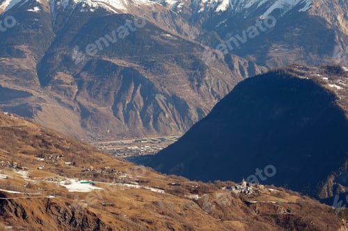 Preview: Valley In Winter Mountain Landscape With Old Village And Church. Top View. Alps. France.
