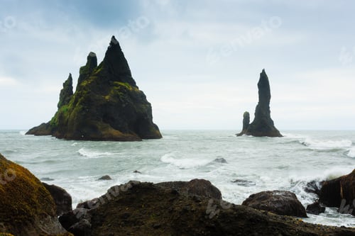 Preview: Reynisfjara Lava Beach View, South Iceland Landscape. Vik Black Beach