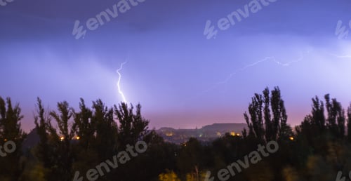 Preview: Night Lightning Storm Over City In Blue Dramatic Lighting