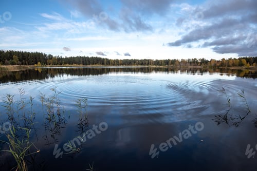 Preview: Calm Lake In Bright Sun Light With Reflections Of Clouds And Trees And Blue Sky. Summer In