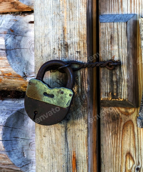 Preview: Padlock With Hasp On The Old Door