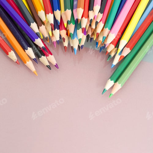 Preview: Group Of Sharp Colored Pencils With White Background And Reflexions