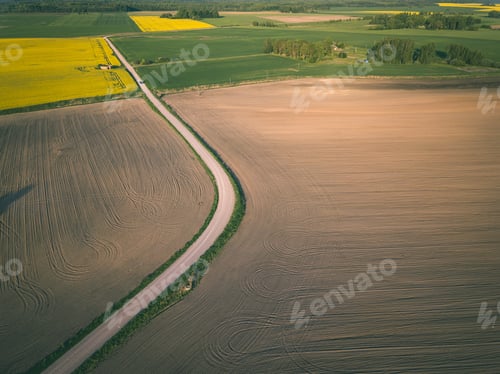 Preview: Drone Image. Aerial View Of Rural Area With Fields And Road Infrastructure Spring Day. Latvia