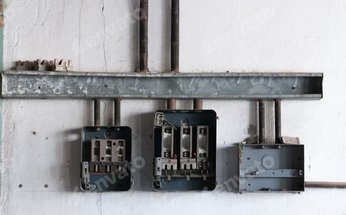 Preview: Damaged Electrical Control Panel With Empty Fuse Boxes On A White Wall Of An Abandoned Building