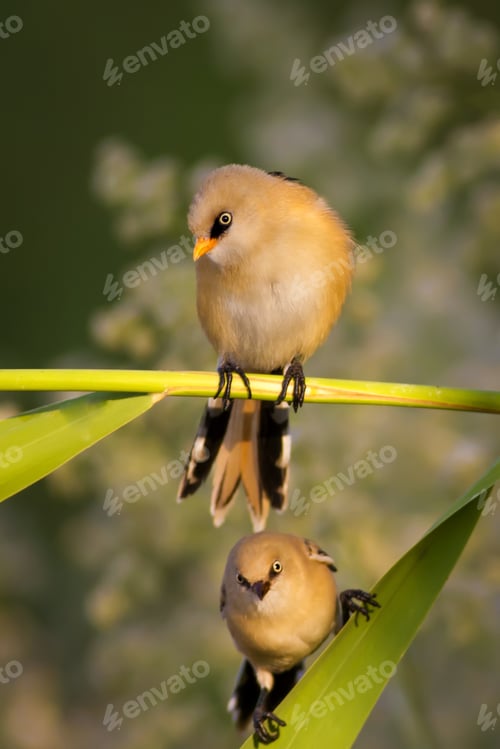 Preview: Cute Bird. Green Reeds. Nature Background Bearded Reedling / Panurus Biarmicus