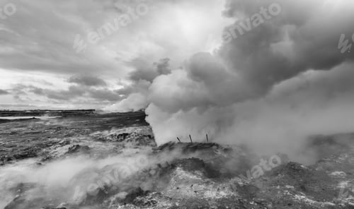 Preview: Billowing Clouds Of Steam From A Geothermal Stream In Iceland. A High Contrast Monochrome Edit.