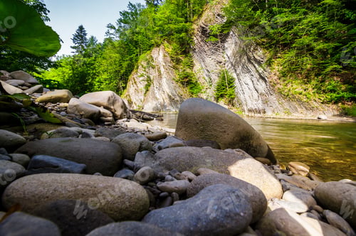 Preview: Boulders On The Shore Of The River. Lovely Nature Scenery In Forest