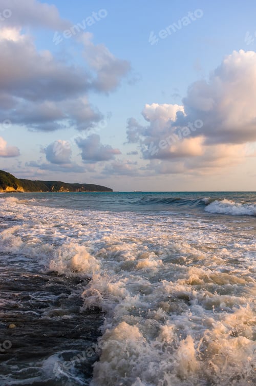 Preview: Sea Landscape Is A Pebbly Beach With Waves In White Foam