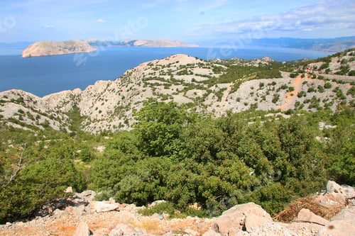 Preview: Rough And Rocky Coast With Green Scrubs And View Over Dark Blue Sea And Rock Island