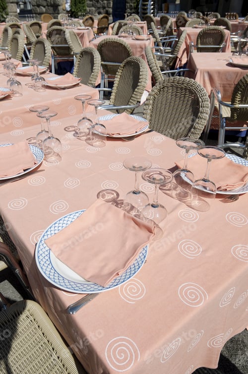 Preview: Group Of Tables Outdoor Restaurant Ready To Be Served