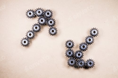 Preview: Indication Concept. Mechanical Components Forming Arrows. Gears, Industrial Objects